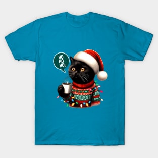 Santa Black Cat Tangled Up In Christmas Tree Lights Holiday T-Shirt